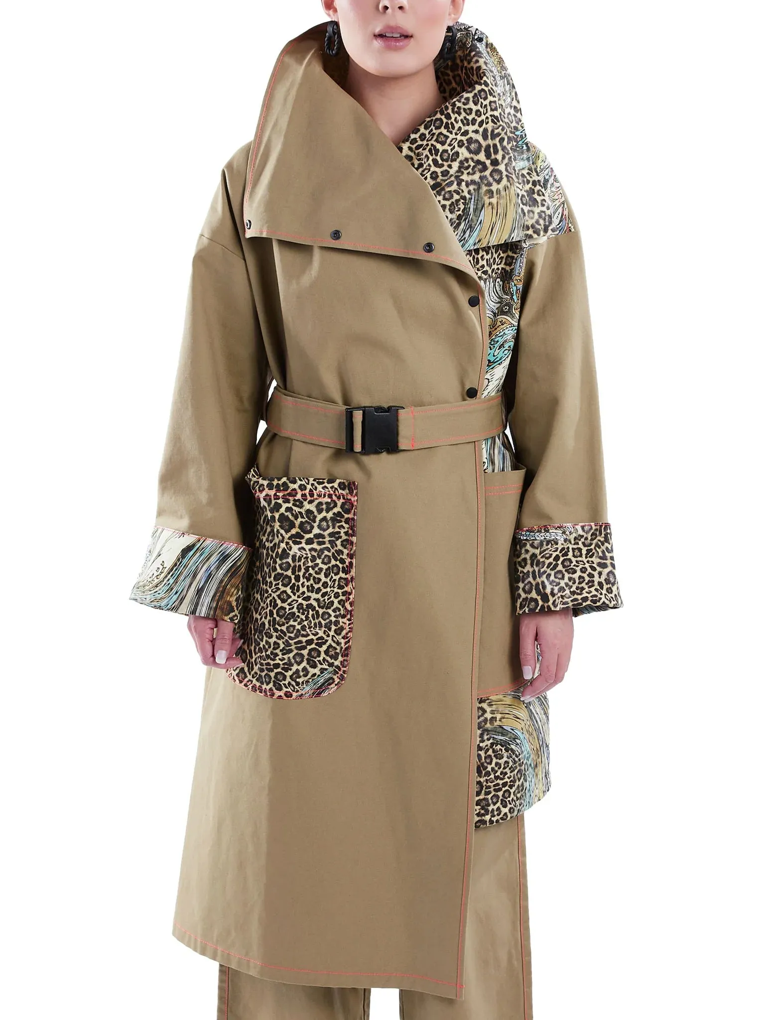Asymmetric Trench Coat in Blue, Red and Tan Chambray