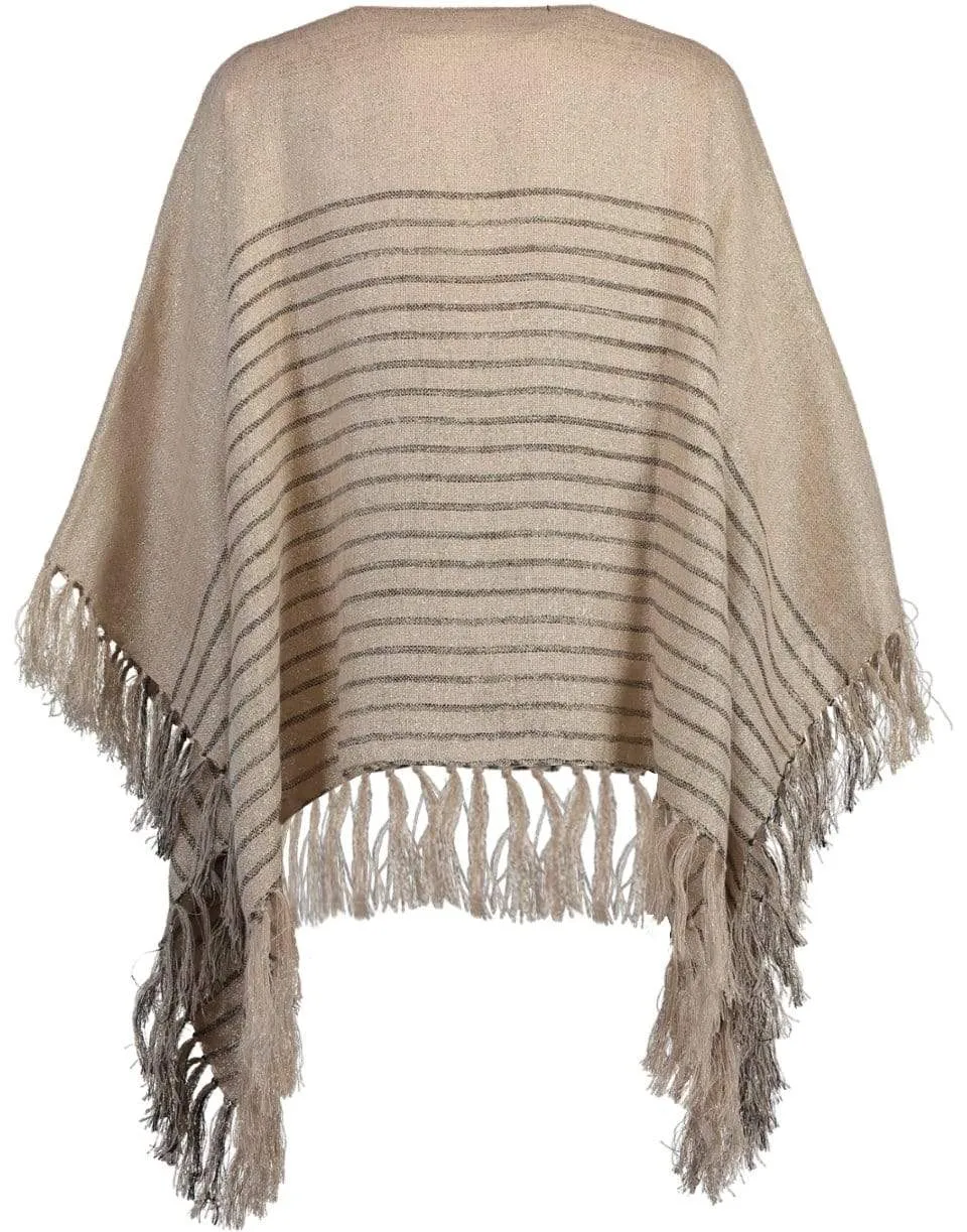 Beige and Grey Striped Fringe Poncho