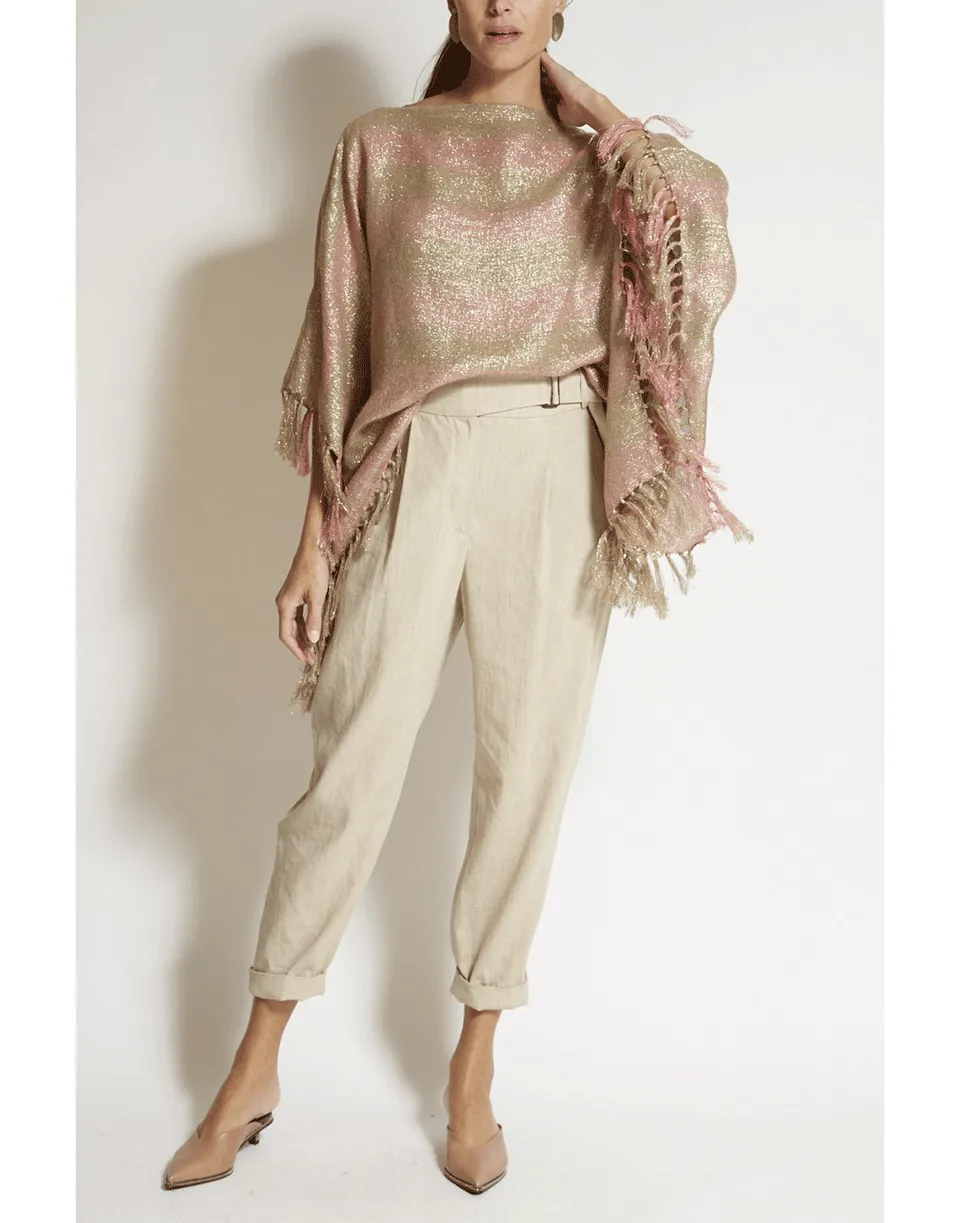 Beige and Pink Striped Fringe Poncho