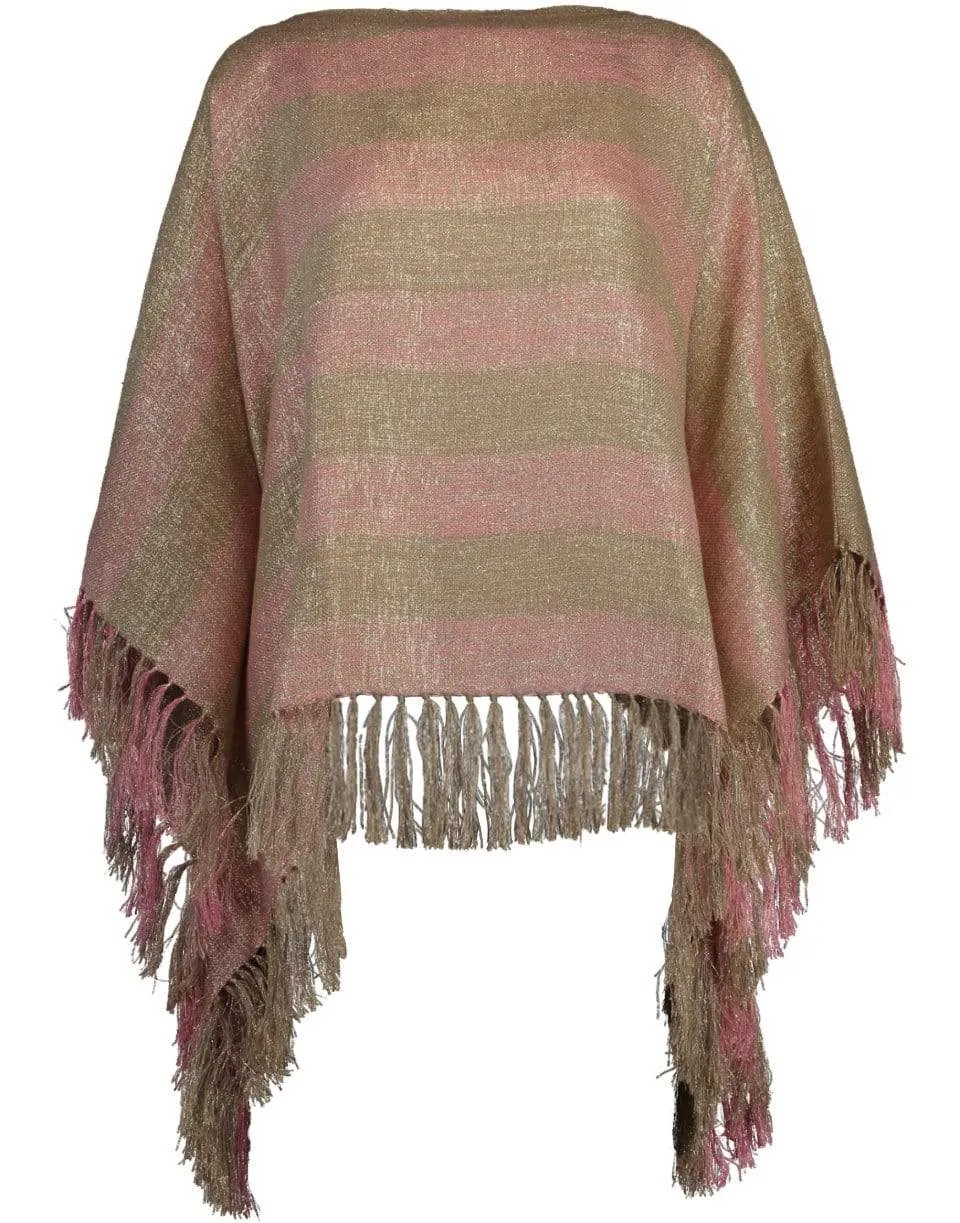 Beige and Pink Striped Fringe Poncho