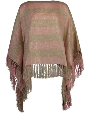 Beige and Pink Striped Fringe Poncho