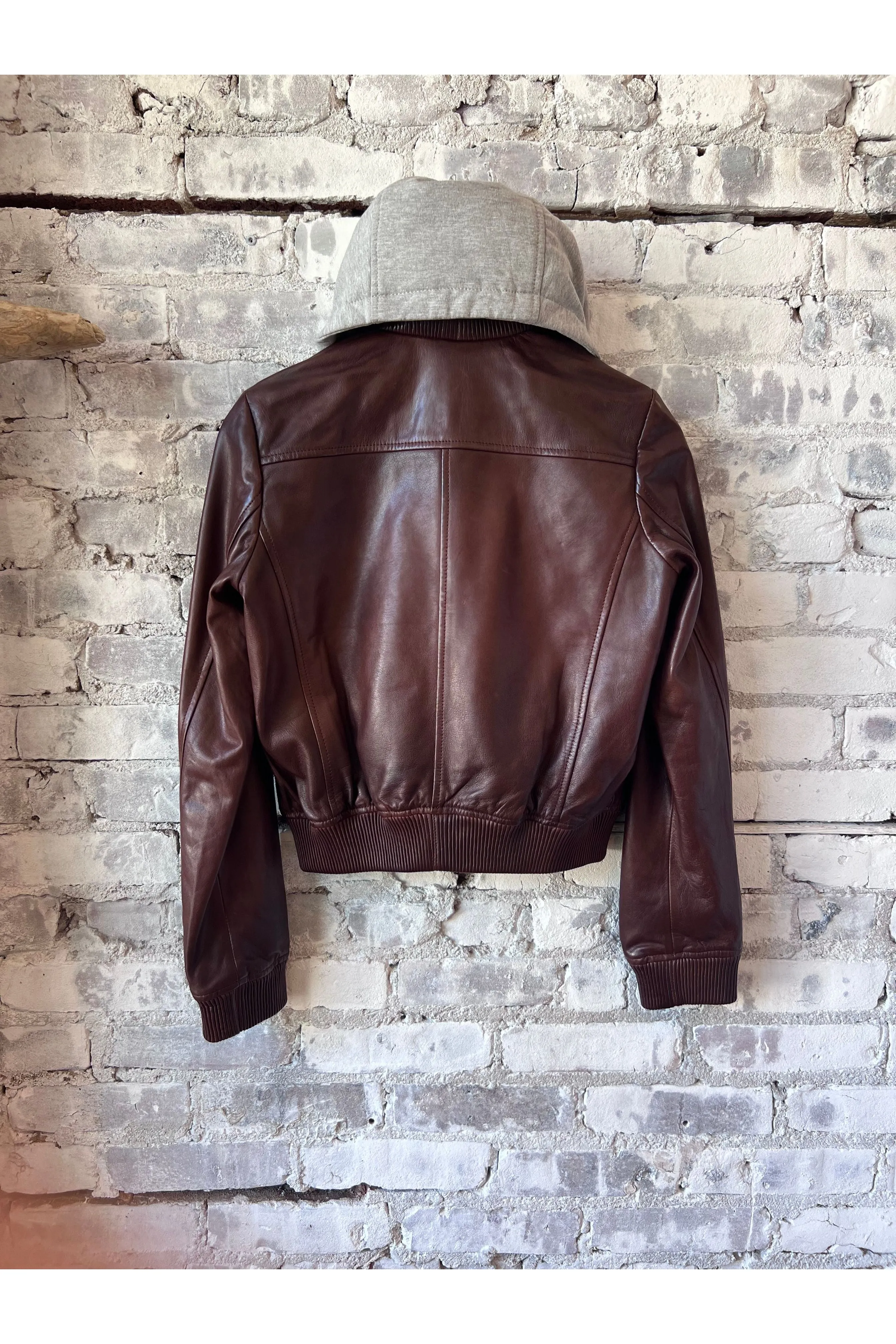 Candace Leather Bomber Jacket - Chocolate Brown/Heather Grey