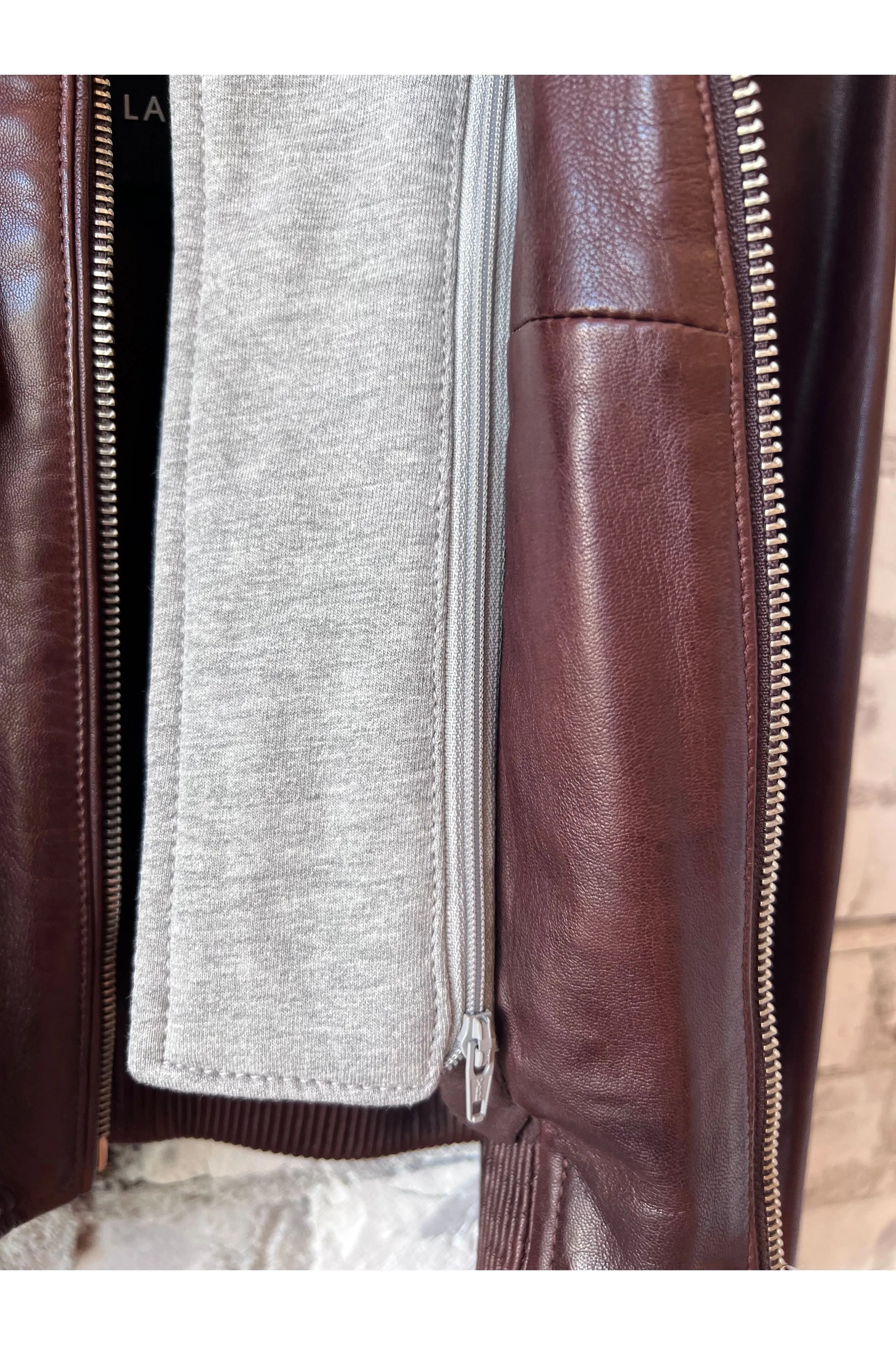 Candace Leather Bomber Jacket - Chocolate Brown/Heather Grey