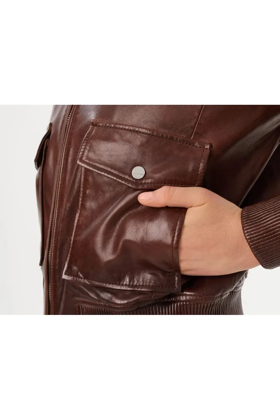 Candace Leather Bomber Jacket - Chocolate Brown/Heather Grey