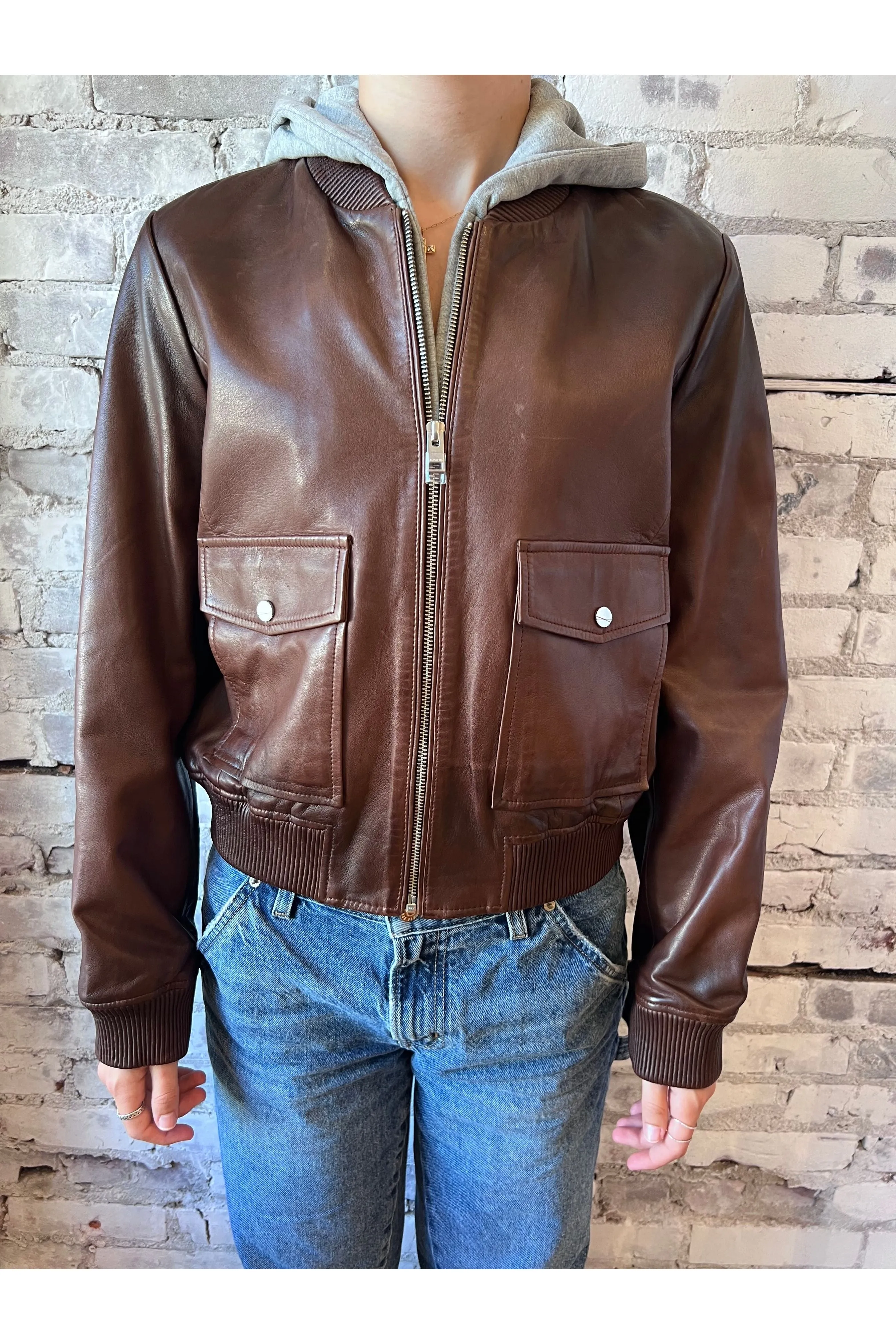 Candace Leather Bomber Jacket - Chocolate Brown/Heather Grey