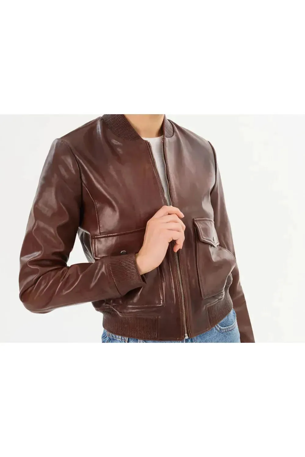 Candace Leather Bomber Jacket - Chocolate Brown/Heather Grey