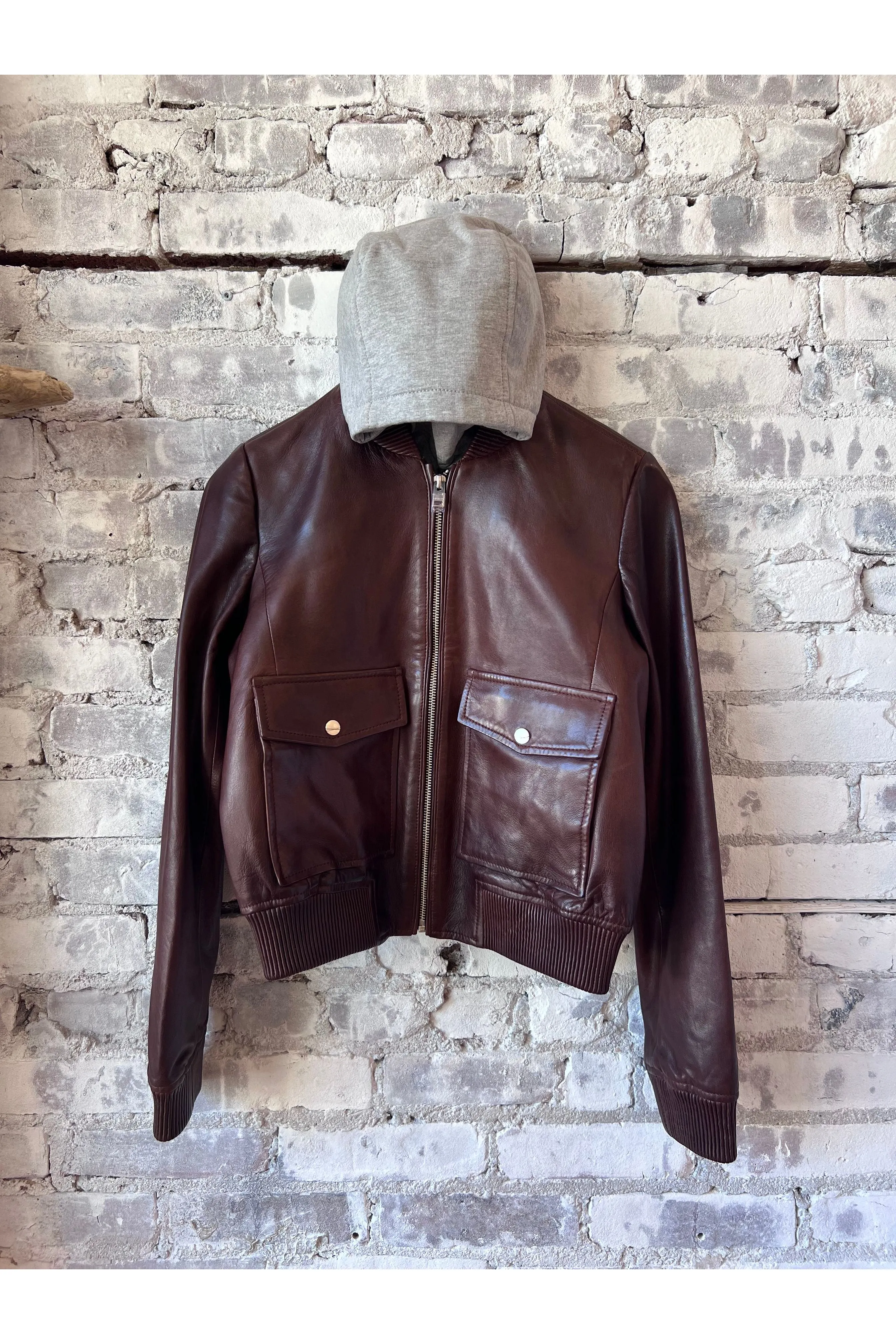 Candace Leather Bomber Jacket - Chocolate Brown/Heather Grey