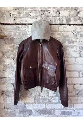 Candace Leather Bomber Jacket - Chocolate Brown/Heather Grey