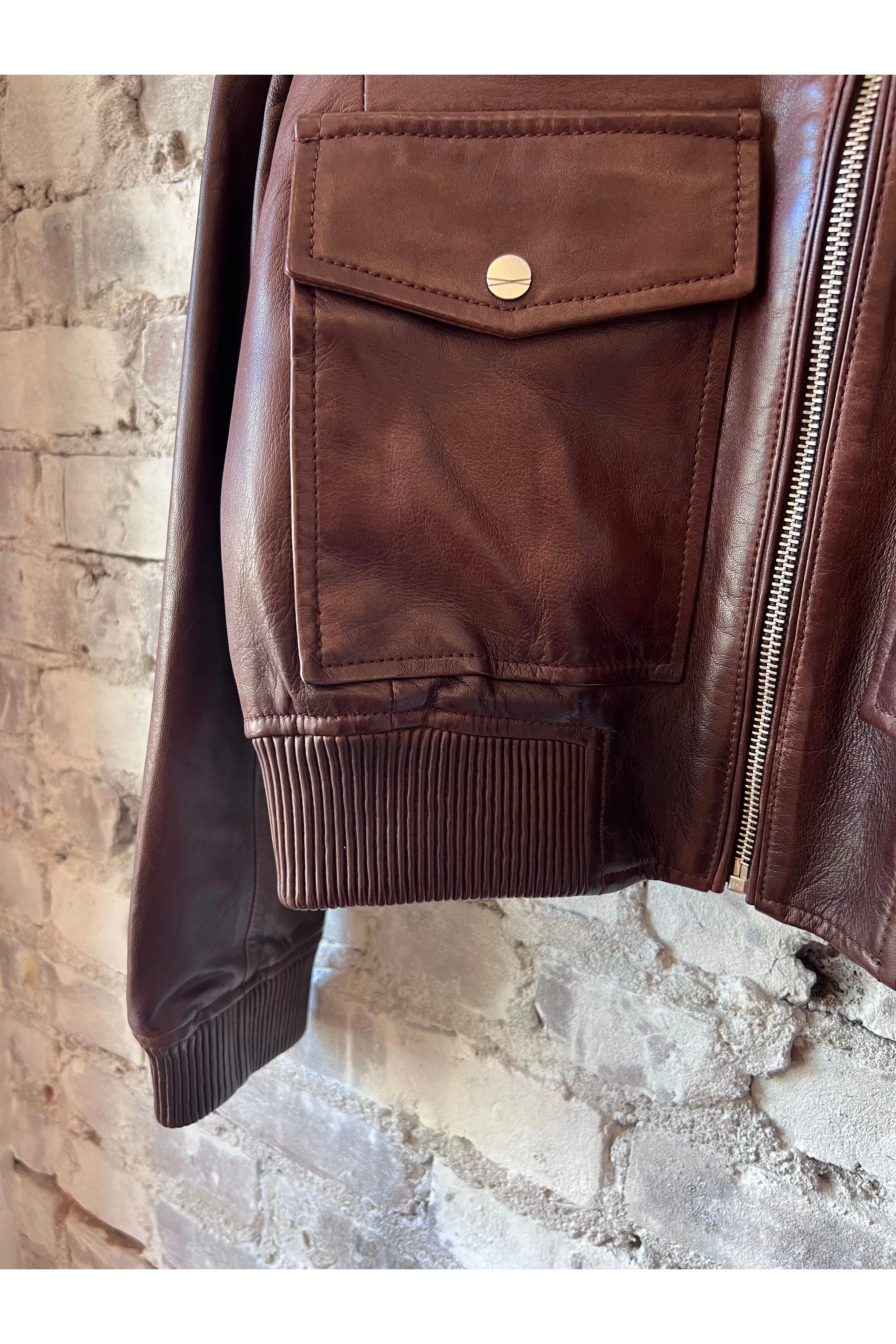 Candace Leather Bomber Jacket - Chocolate Brown/Heather Grey