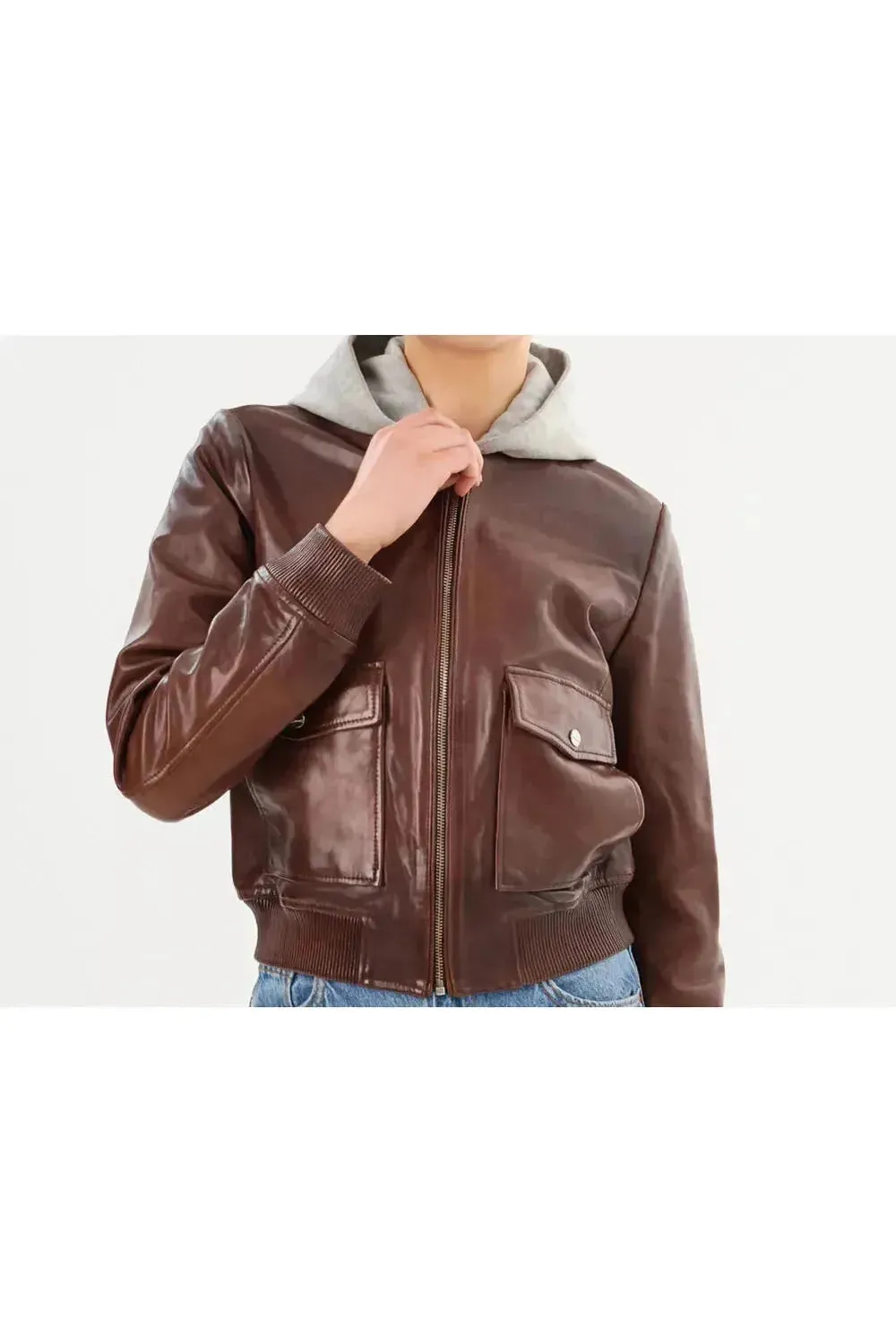 Candace Leather Bomber Jacket - Chocolate Brown/Heather Grey