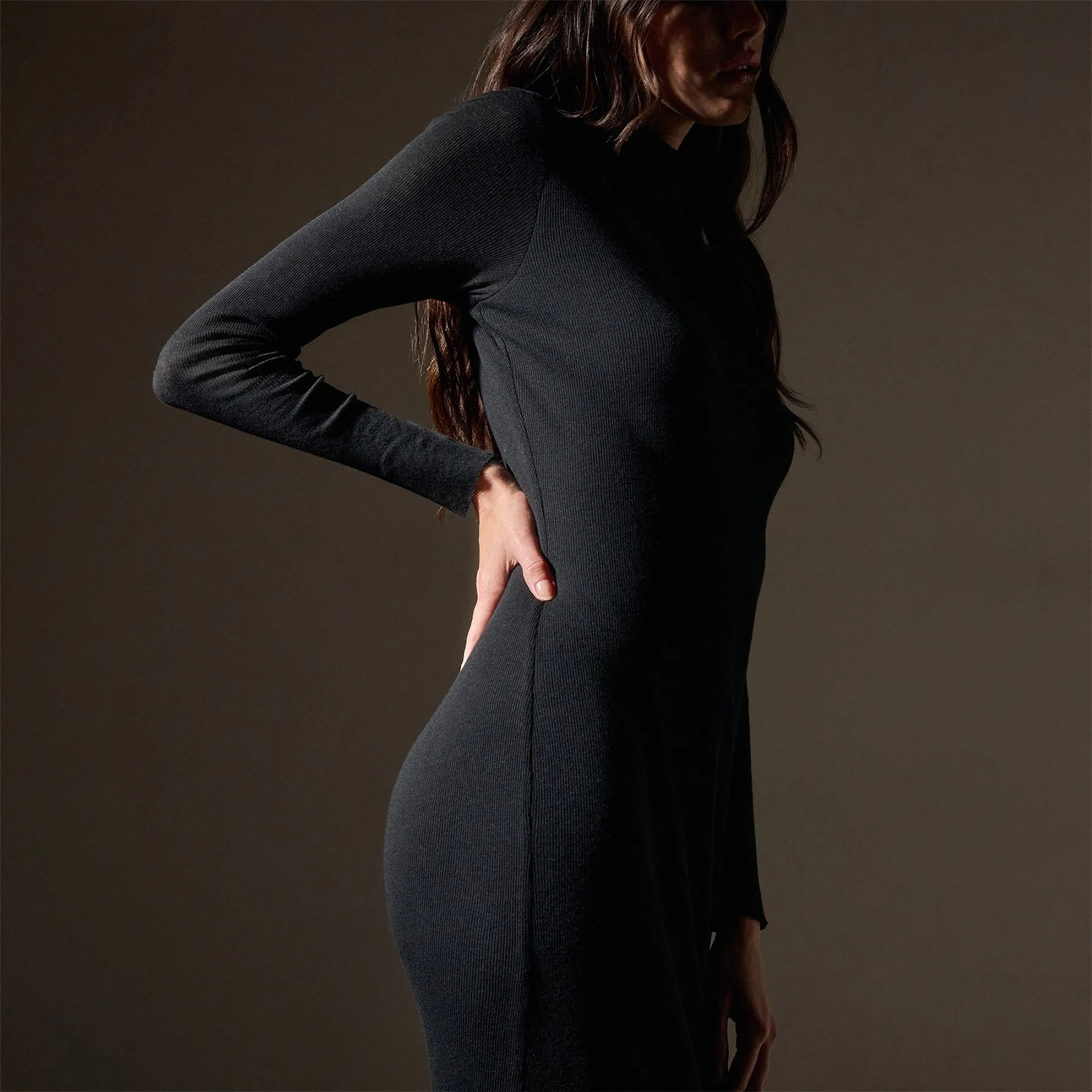 Cashmere Rib Funnel Neck Dress - Black