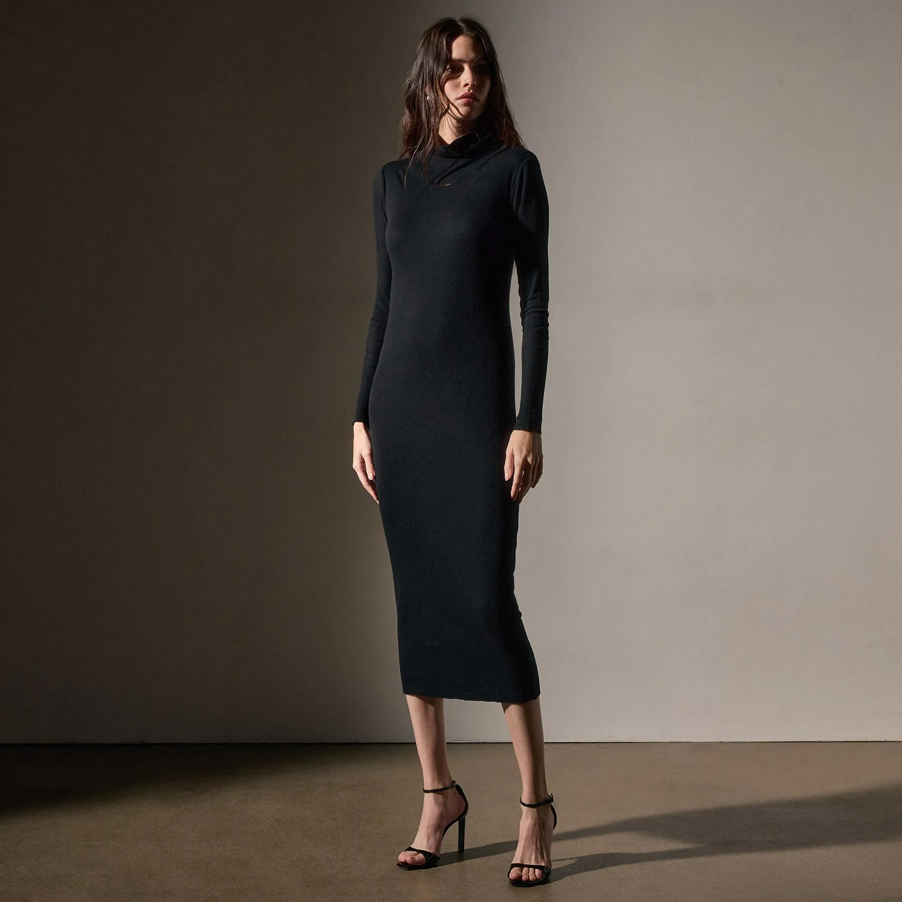 Cashmere Rib Funnel Neck Dress - Black