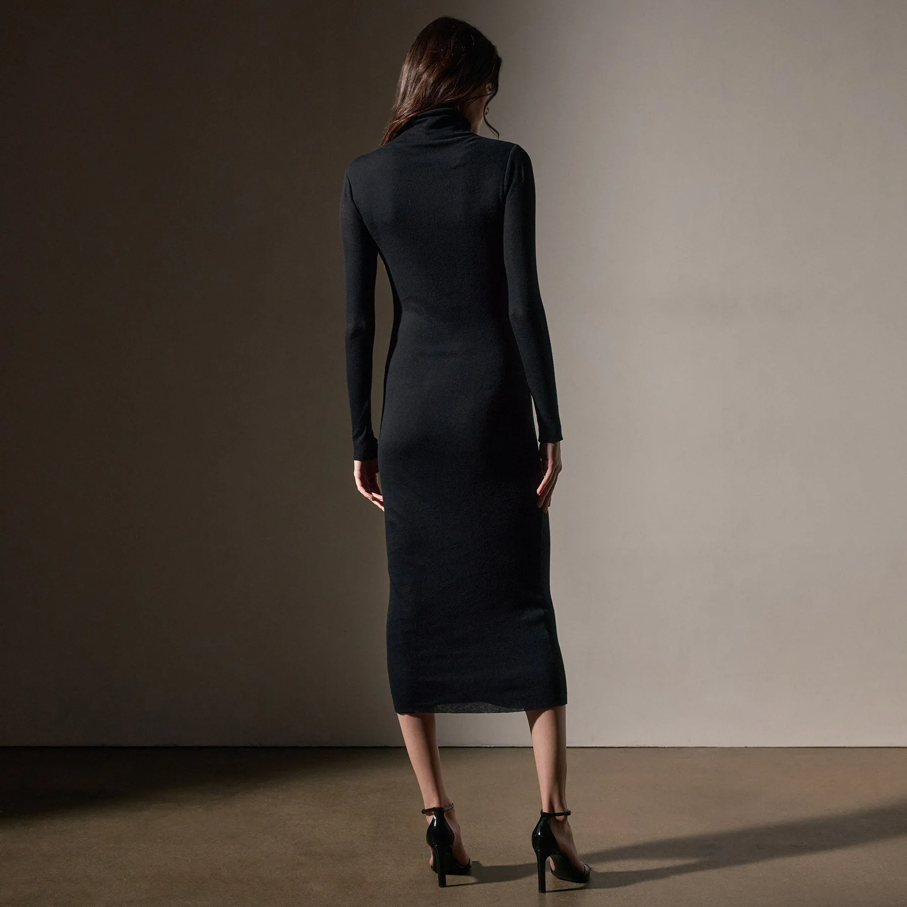 Cashmere Rib Funnel Neck Dress - Black