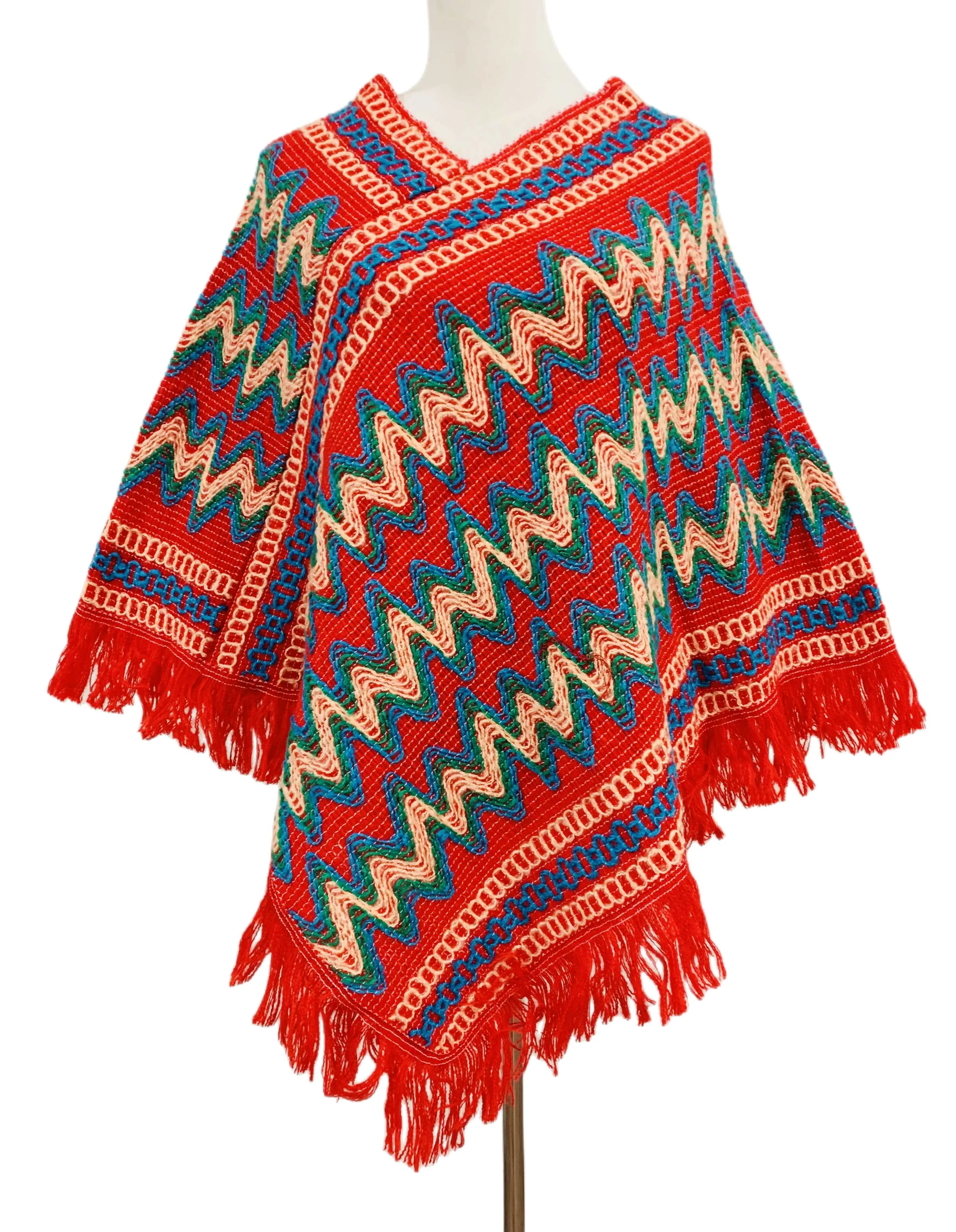 Colorful Crochet Patterned Pull Over Fringe Poncho