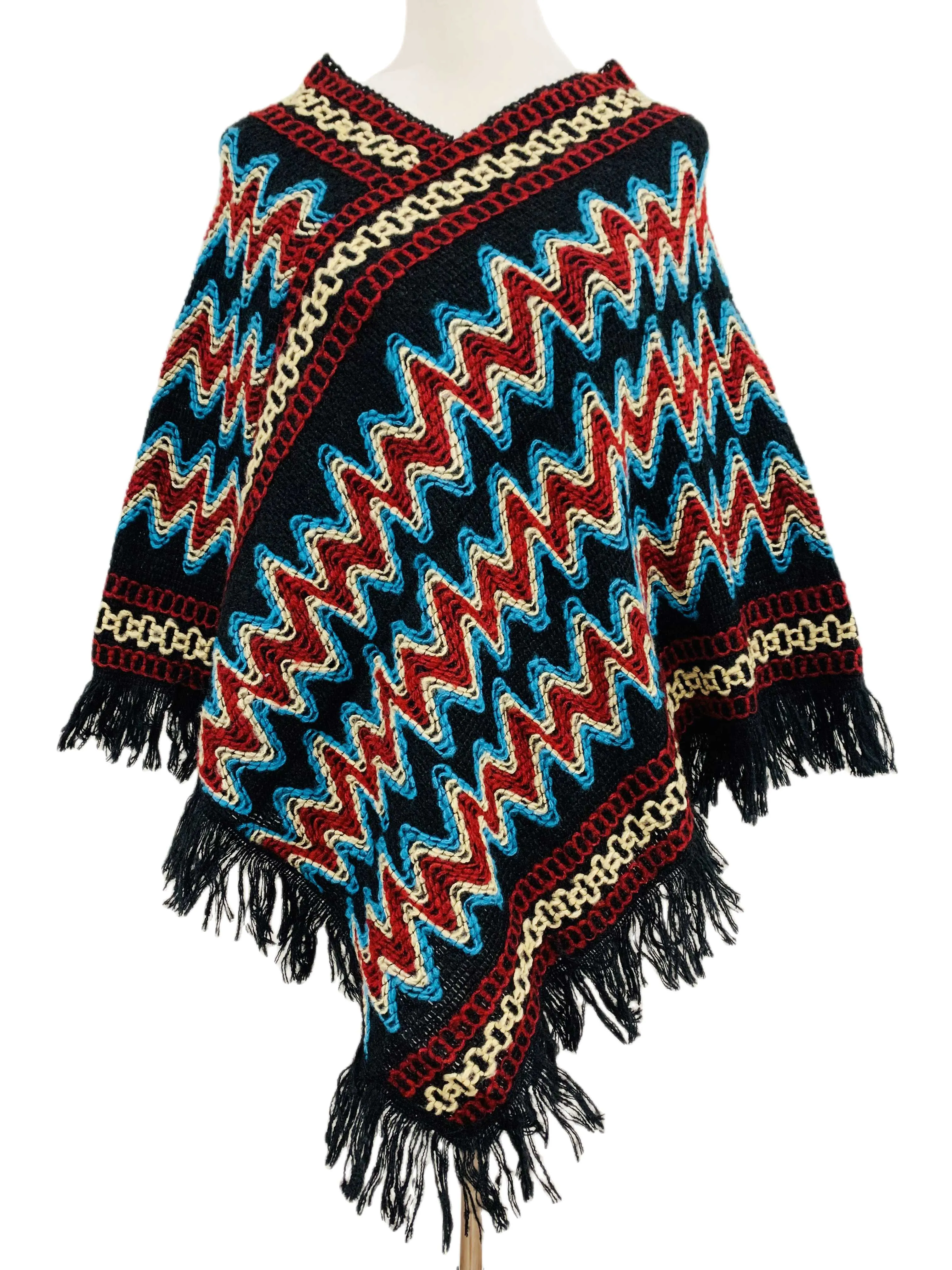 Colorful Crochet Patterned Pull Over Fringe Poncho