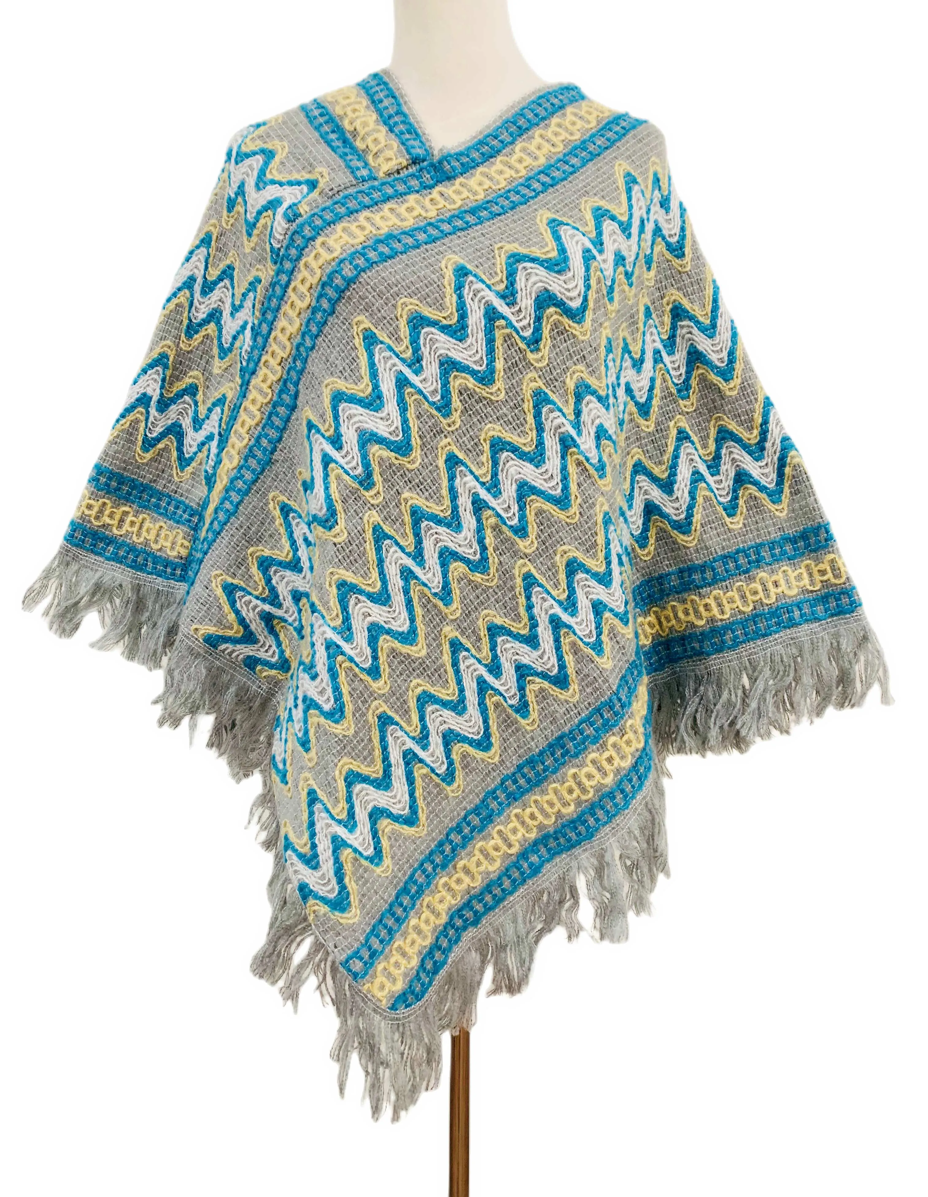 Colorful Crochet Patterned Pull Over Fringe Poncho