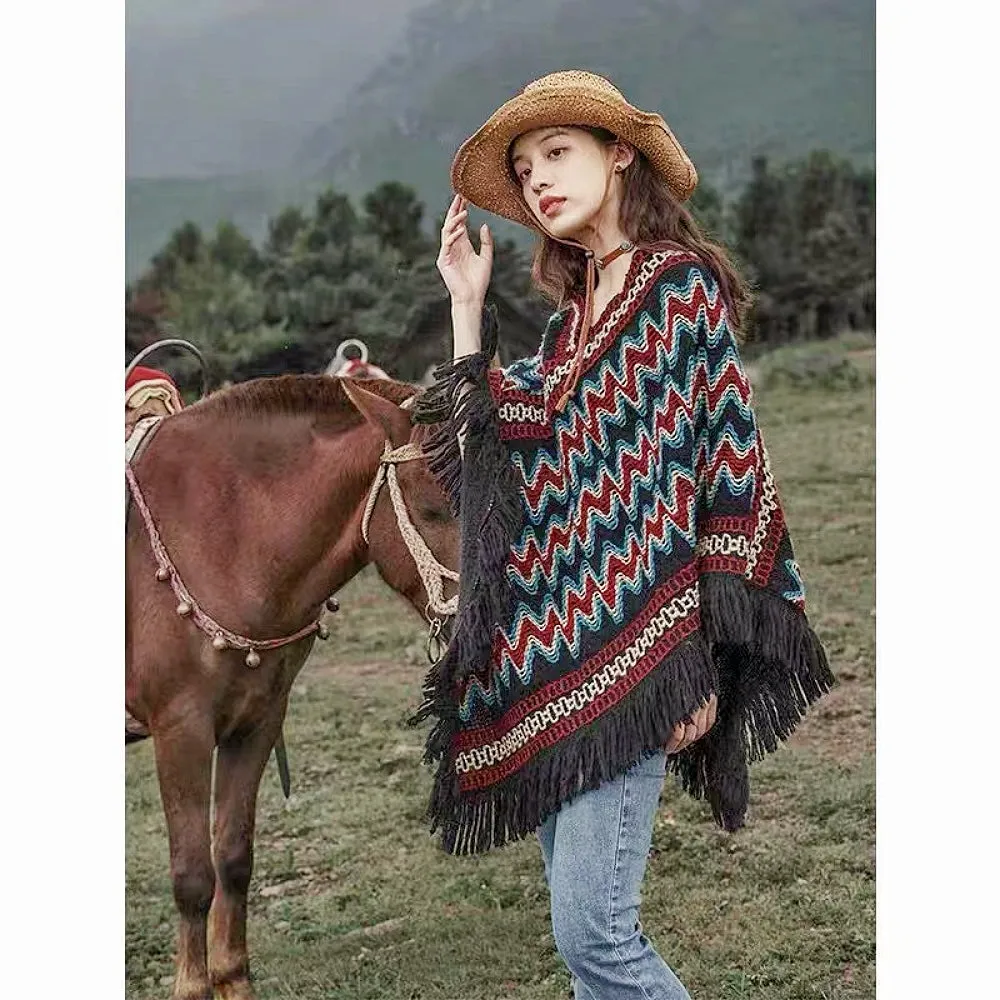 Colorful Crochet Patterned Pull Over Fringe Poncho
