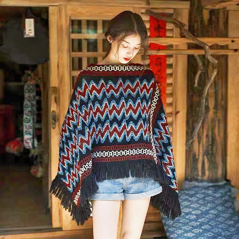 Colorful Crochet Patterned Pull Over Fringe Poncho