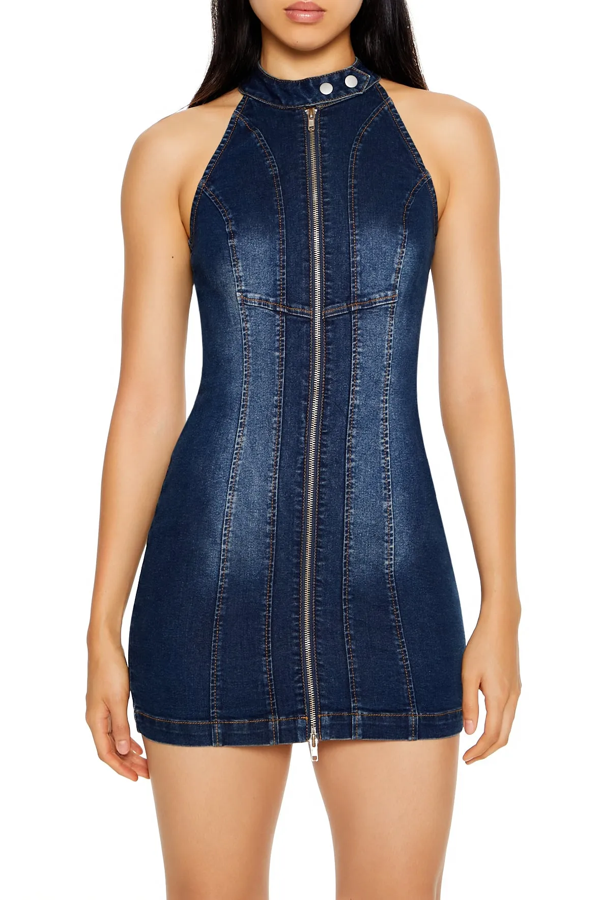 Denim Collared Zip-Up Mini Dress