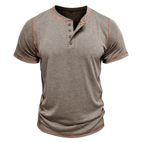 Men's Vintage Cotton Henley Color Block Short Sleeve T-Shirt Top