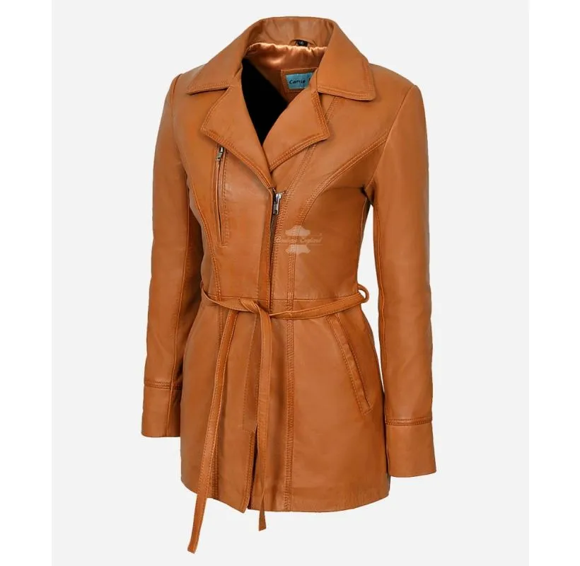 Sarina Ladies Mid Length Jacket Lapel Collared Tie Belt Trench Coat