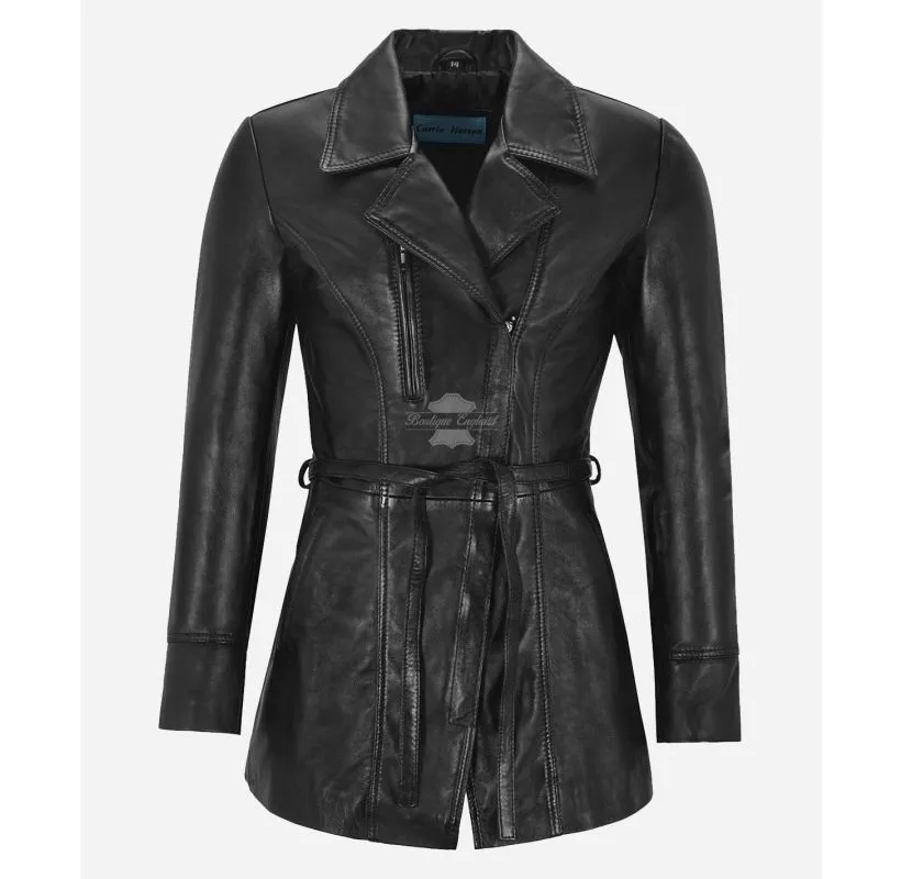 Sarina Ladies Mid Length Jacket Lapel Collared Tie Belt Trench Coat