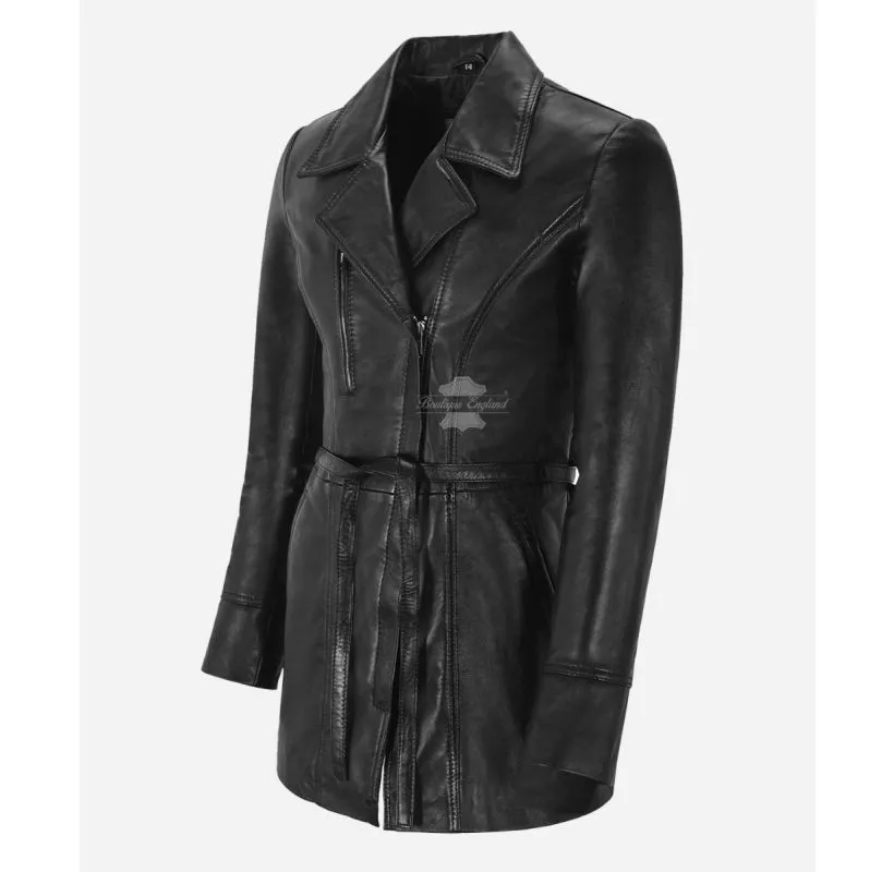 Sarina Ladies Mid Length Jacket Lapel Collared Tie Belt Trench Coat