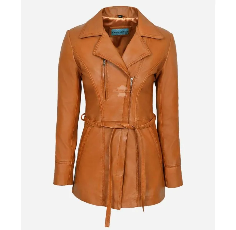 Sarina Ladies Mid Length Jacket Lapel Collared Tie Belt Trench Coat
