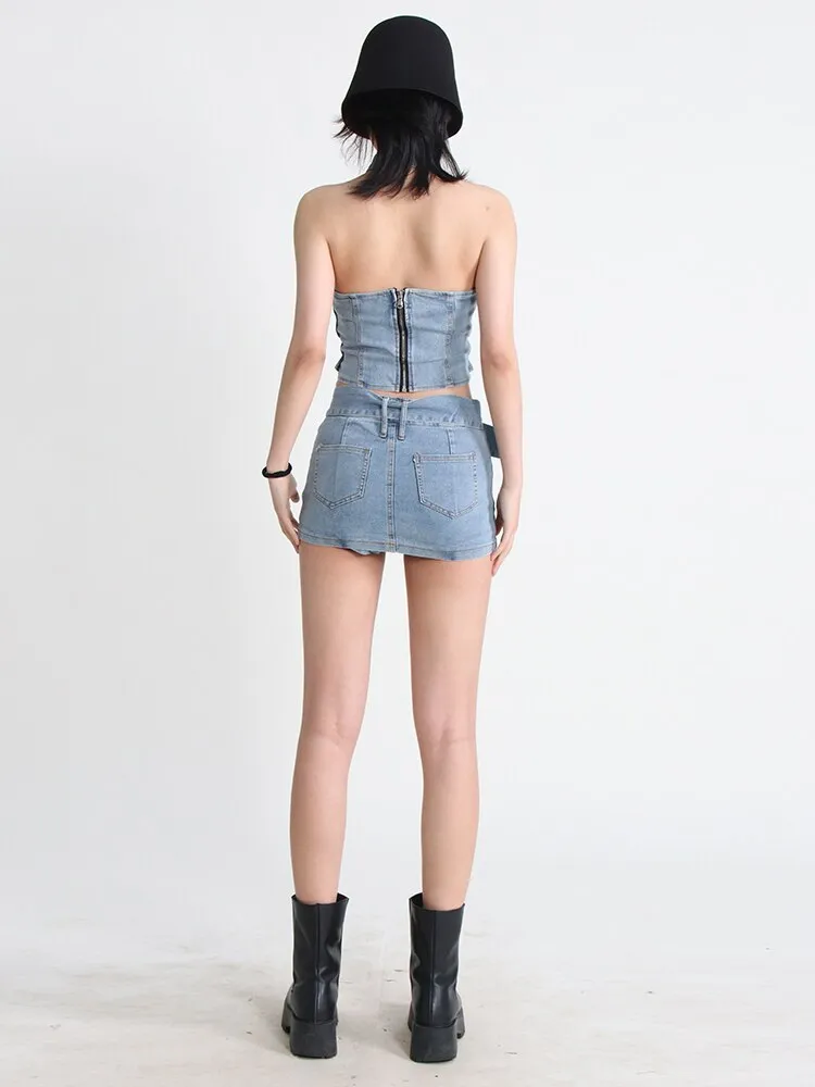 Slim Denim Sets Women Halter Sleeveless Backless Spliced Zipper Top Bodycon Mini Skirt Solid Two Piece Set Female