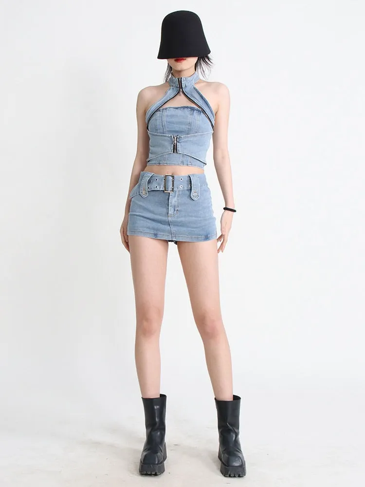 Slim Denim Sets Women Halter Sleeveless Backless Spliced Zipper Top Bodycon Mini Skirt Solid Two Piece Set Female