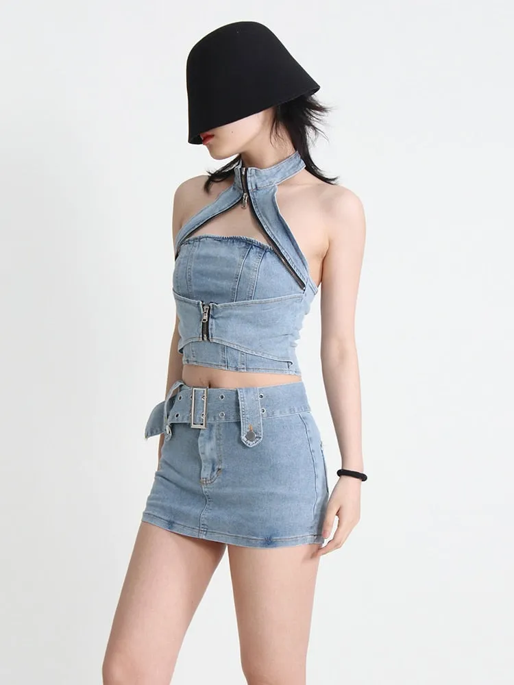 Slim Denim Sets Women Halter Sleeveless Backless Spliced Zipper Top Bodycon Mini Skirt Solid Two Piece Set Female